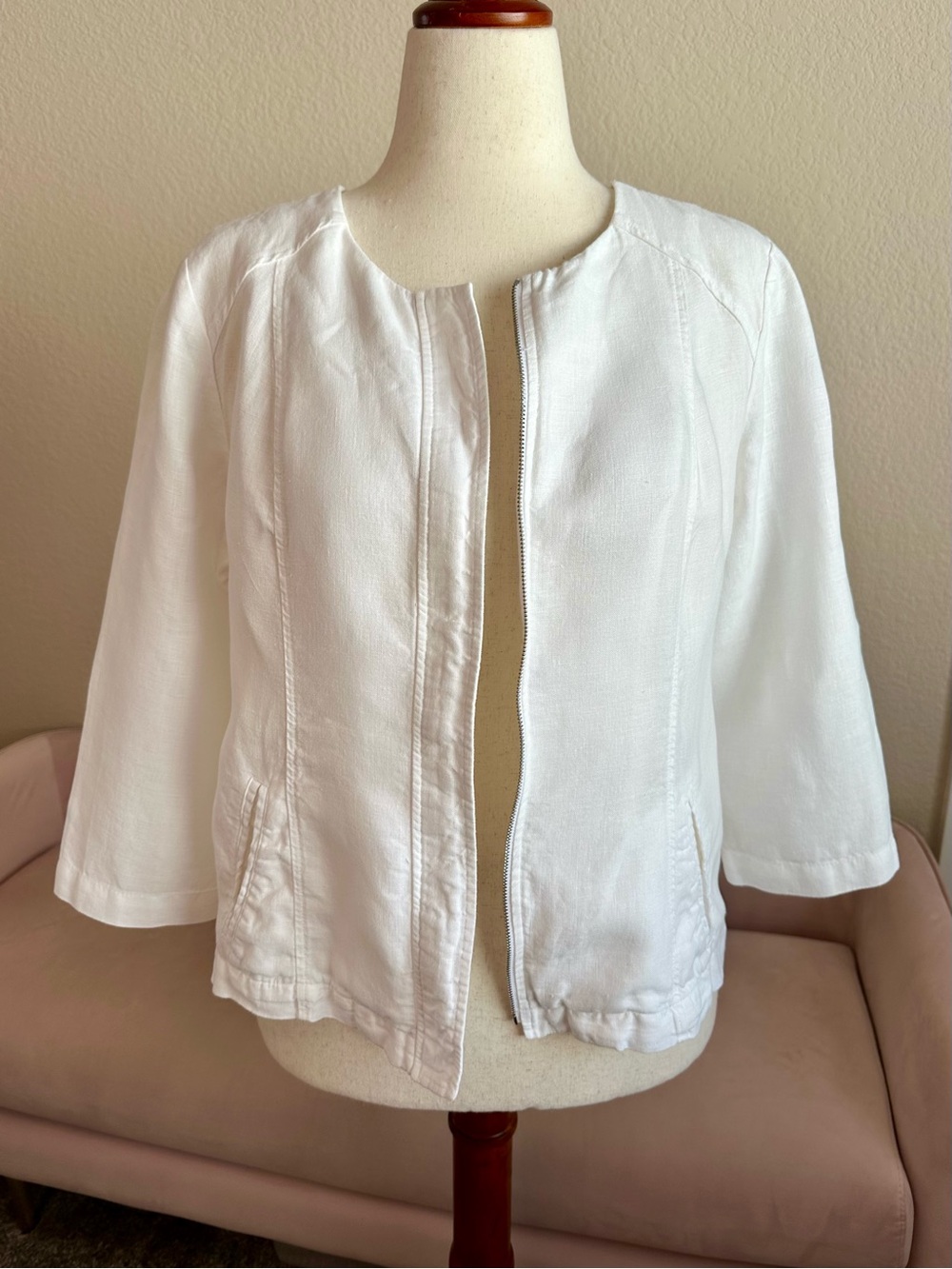 Chico's 100% Linen Jacket White Zip Up Pockets 3/4 Sleeve Sz S Lagenlook Minimal